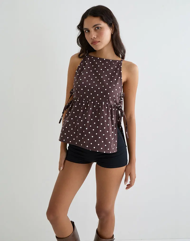 Palsi Tie Side Top In Brown With Medium Polka White 1