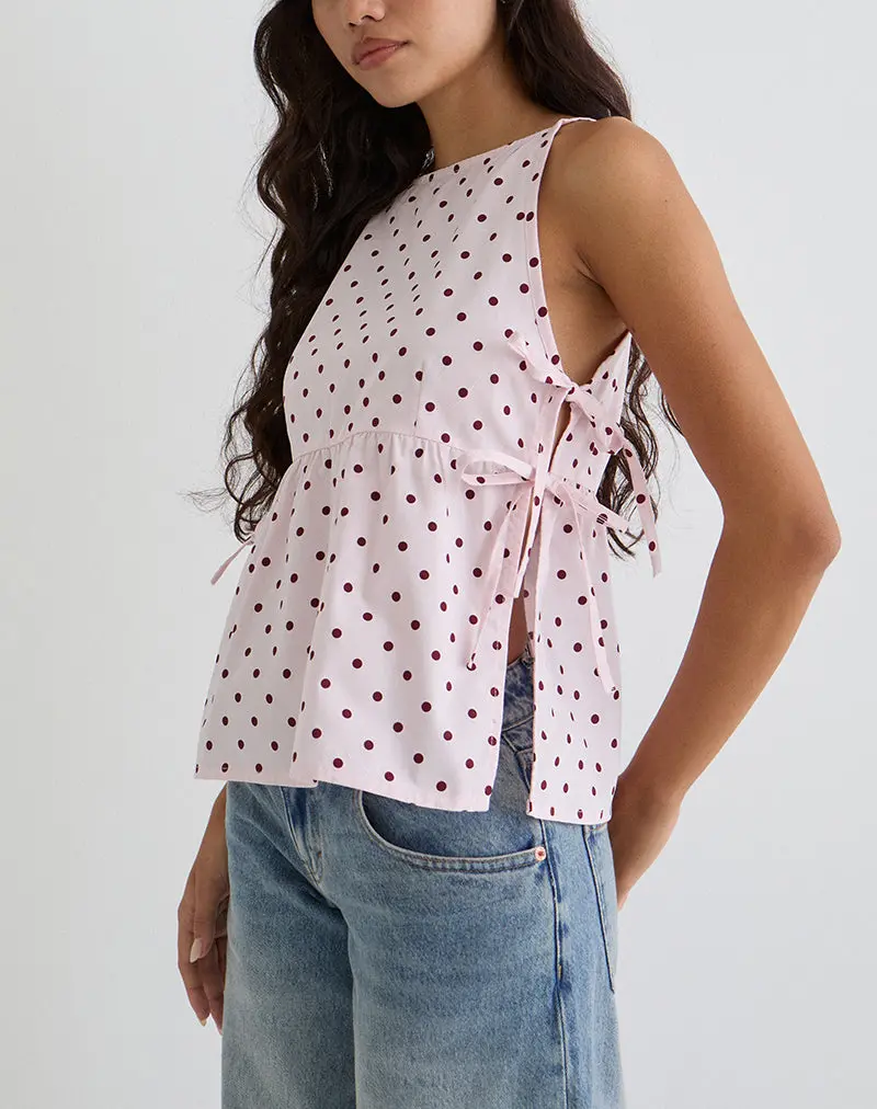 Palsi Tie Side Top In Pink With Medium Polka Red 1