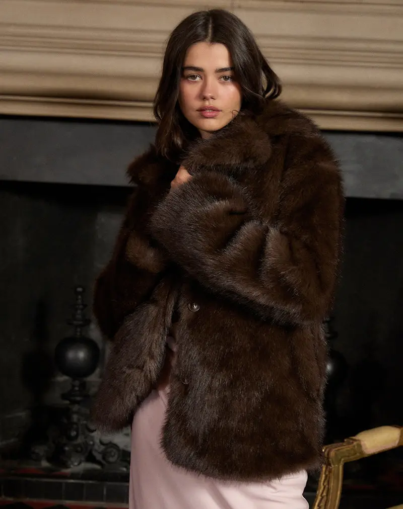 Pepita Jacket In Faux Fur Dark Brown 1