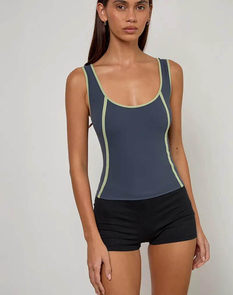 Pilon Vest Top In Navy With Sage Binding 1