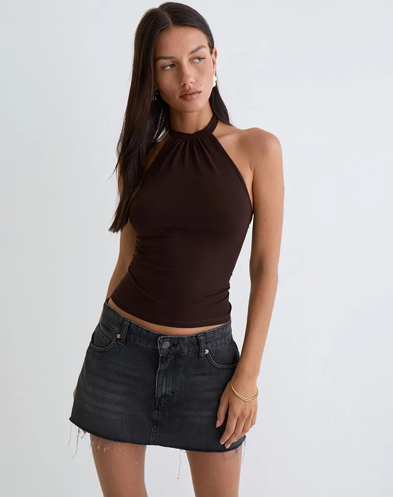 Raceline Halterneck Top In Rayon Jersey Chocolate Brown 1