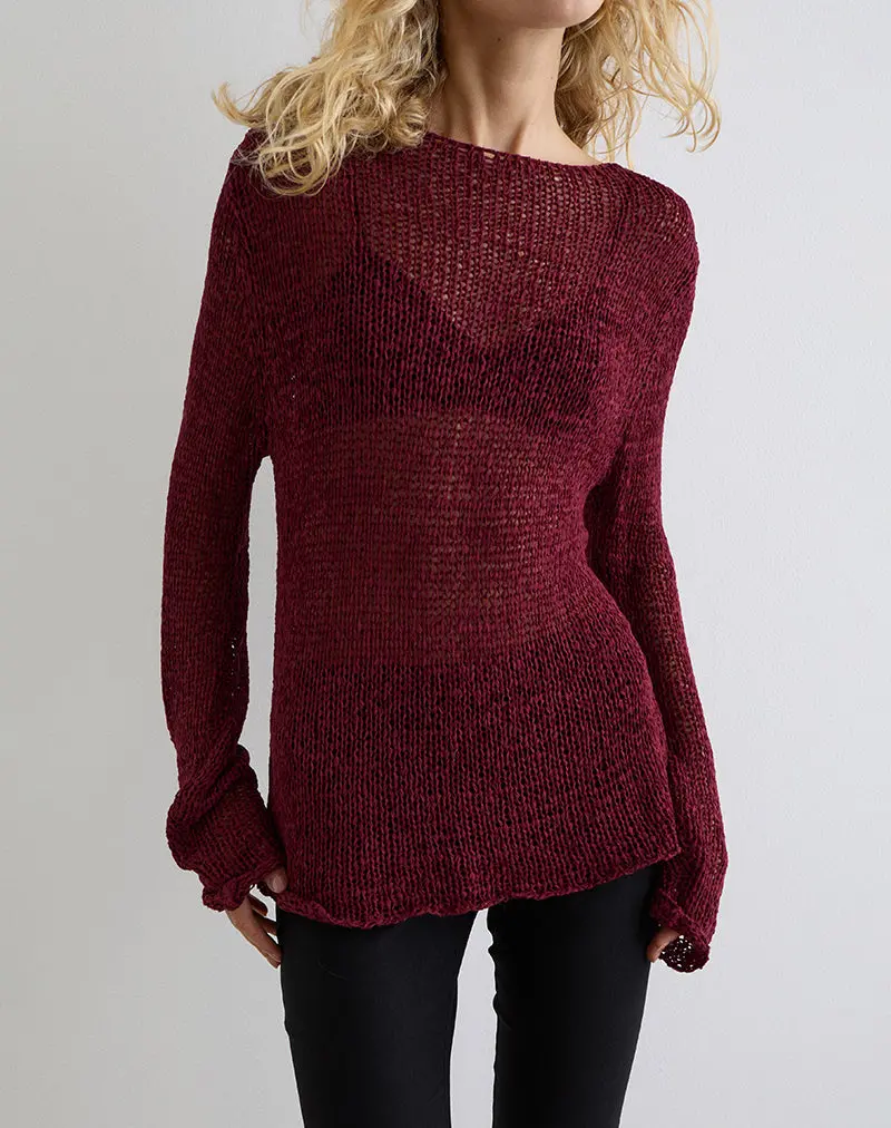 Rajiya Open Weave Jumper In Burgundy 1