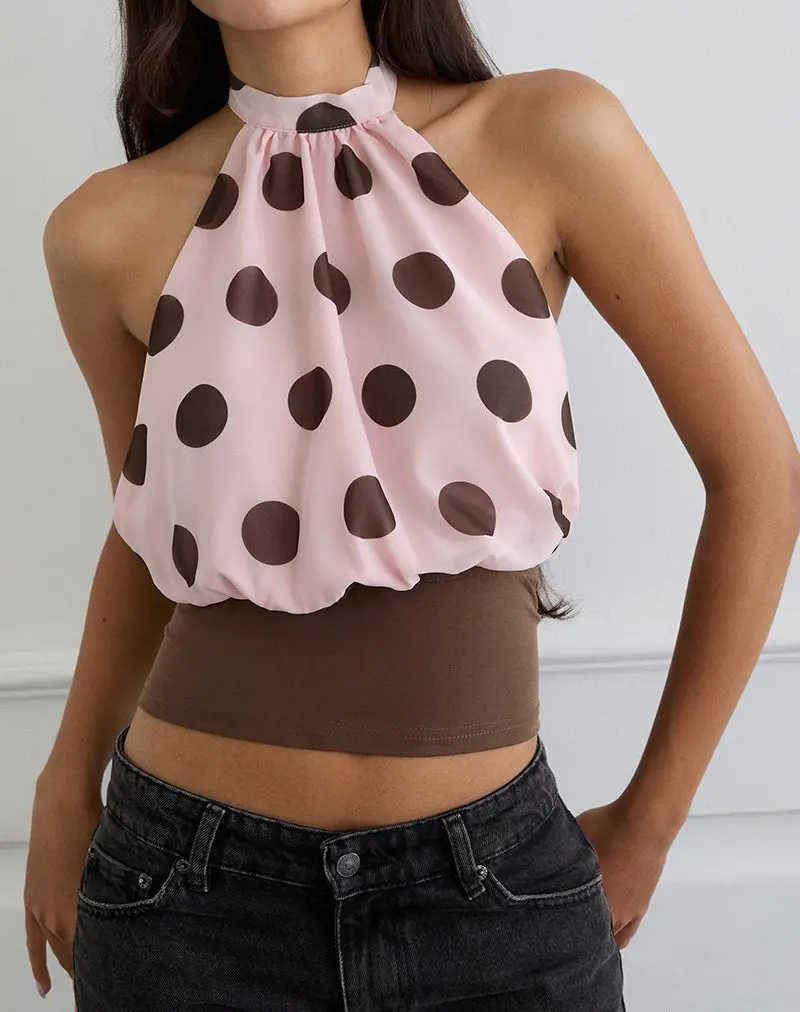 Rania Top In Pink Chiffon With Bold Polka Print 1