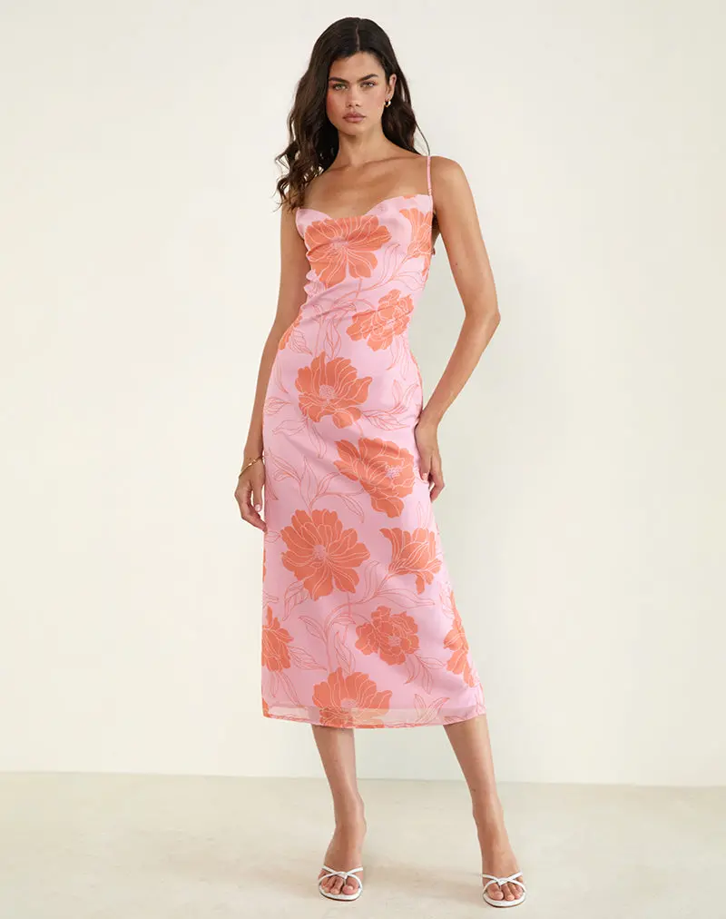 Rujira Cowl Midi Dress In Floral Pink Orange 1
