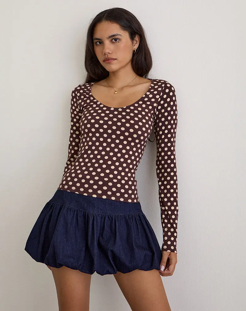 Rumini Long Sleeve Top In Brown With Small Polka Cream 1