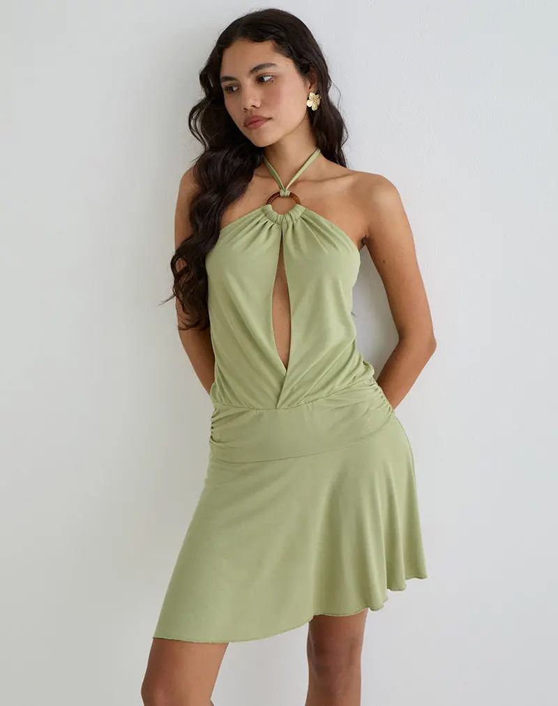 Saira Halter Neck Mini Dress In Sage 1