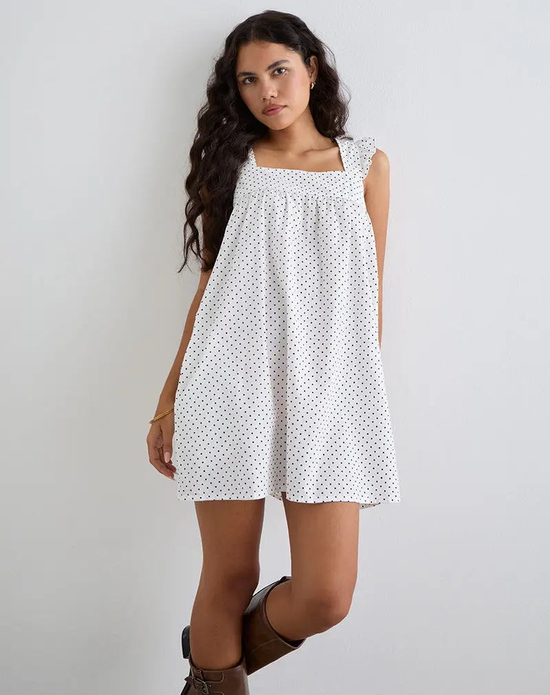 Sanaly Mini Dress In White With Black Micro Polka 1