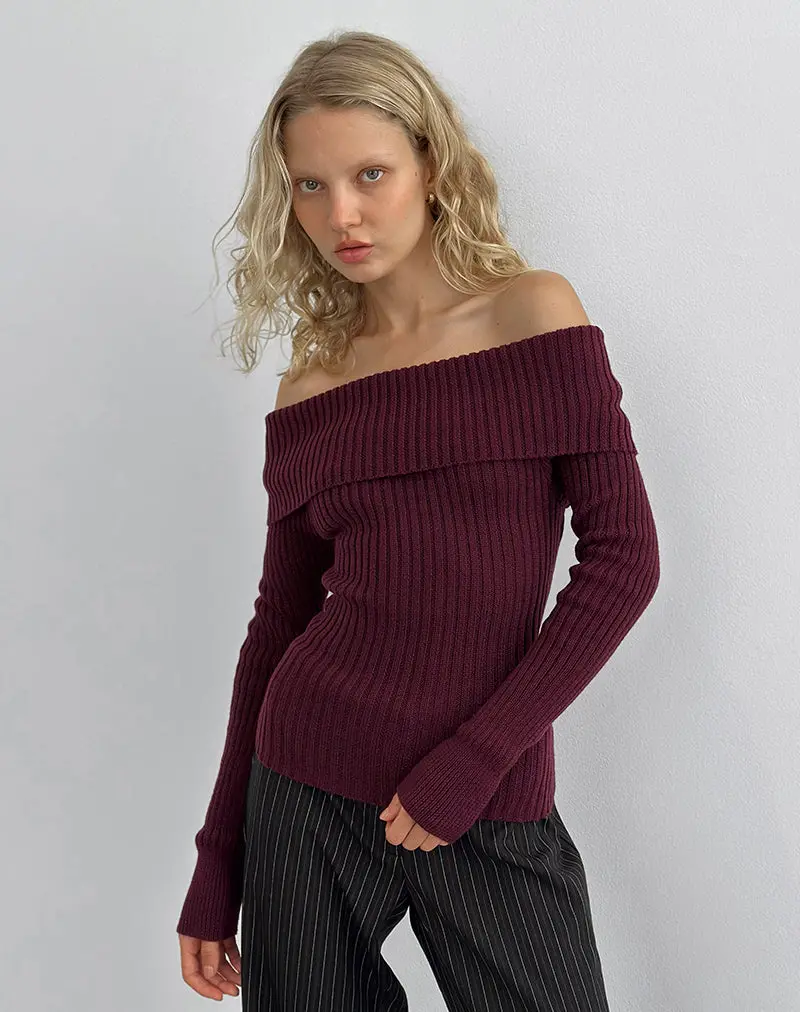 Saskia Bardot Bow Back Top In Dark Cherry 1