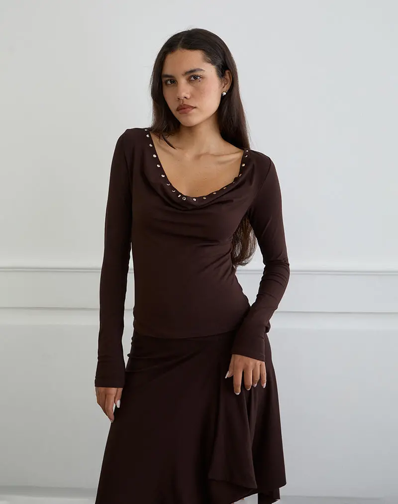 Scanio Long Sleeve Cowl Top With Studs In Bitter Chocolate 1