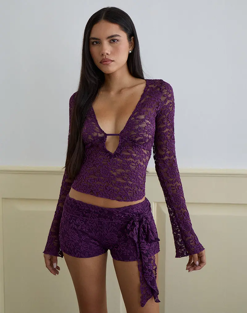 Mahota Deep Plunge Long Sleeve Top In Lace Purple 1