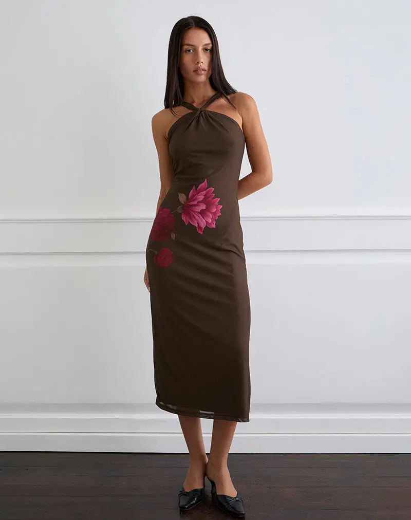 Silvra Halterneck Midi Dress In Brown With Pink Flower Print 1