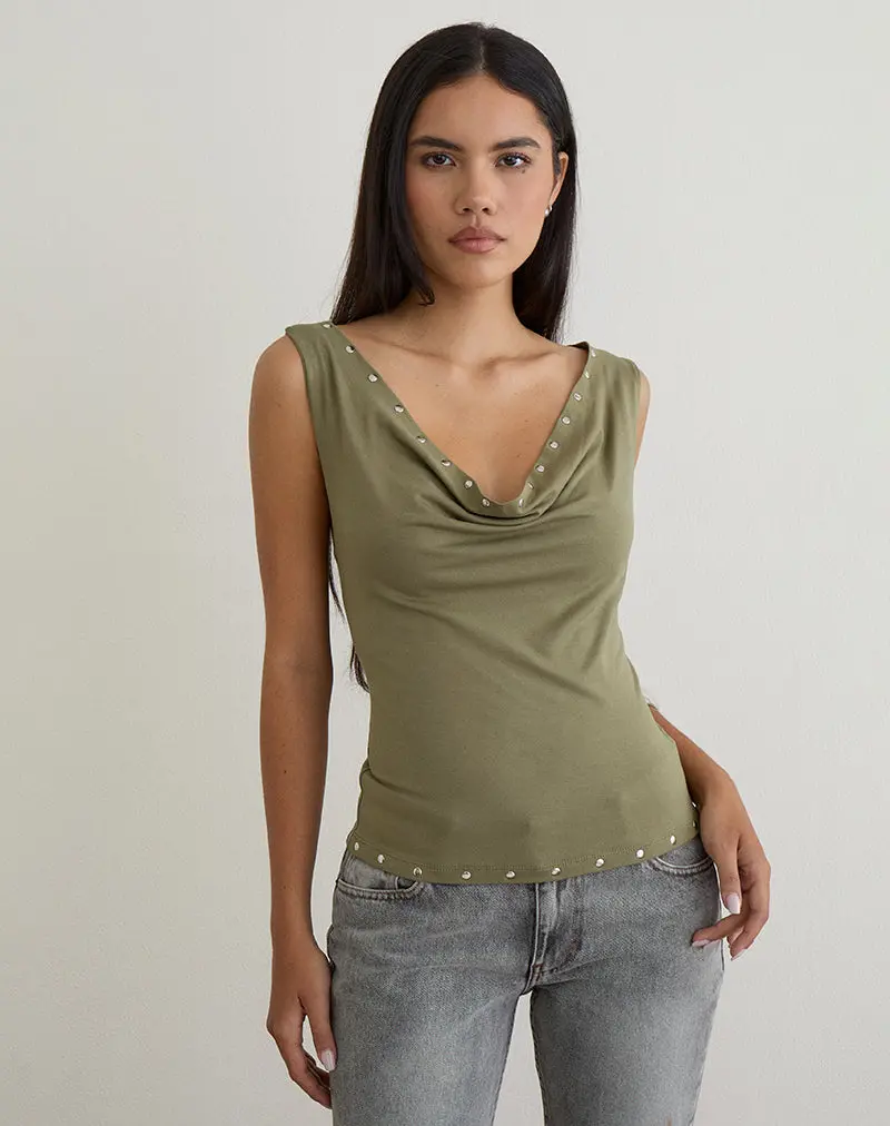 Slater Studded Top In Rayon Jersey Khaki 1