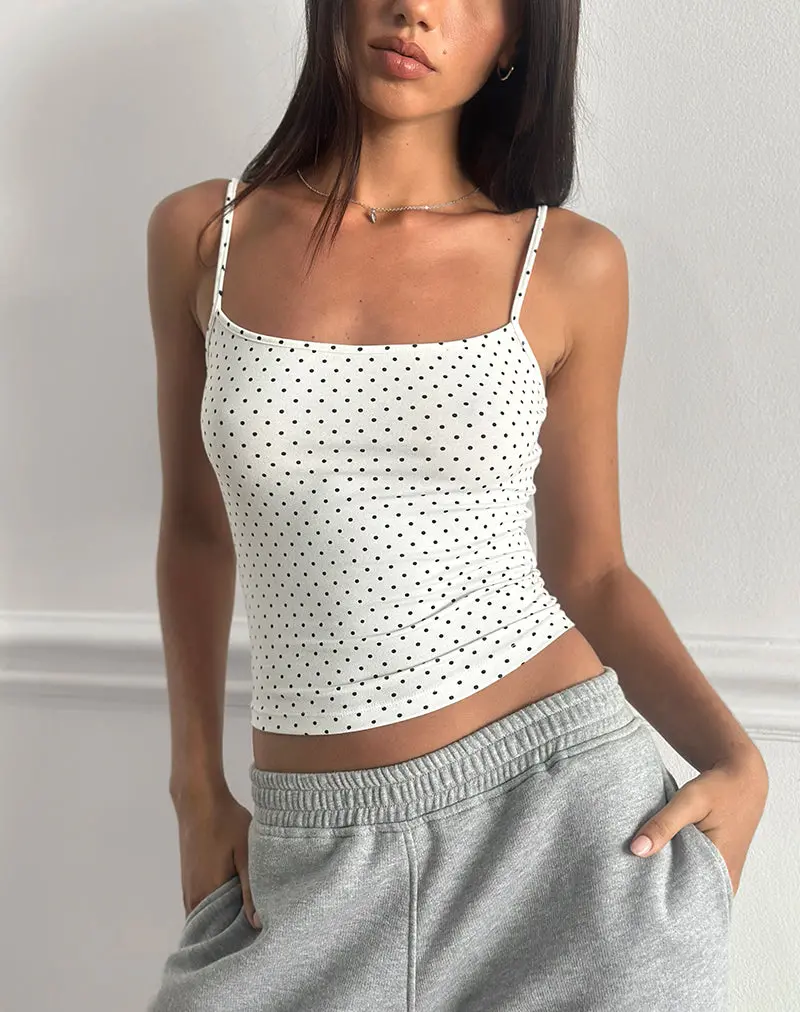 Solay Cami Top In White With Black Micro Polka Print 1