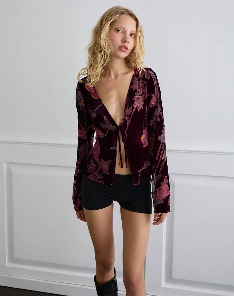 Sukita Cardigan In Floral Devore Burgundy 1