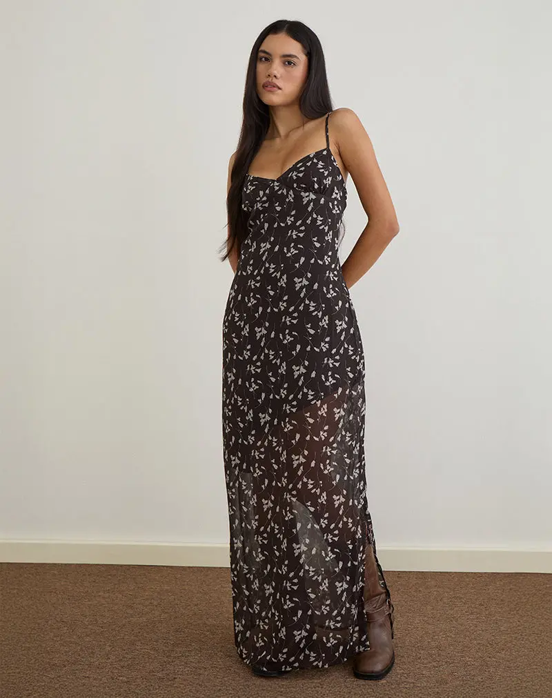 Sunita Maxi Dress In Flower Chiffon Brown 1