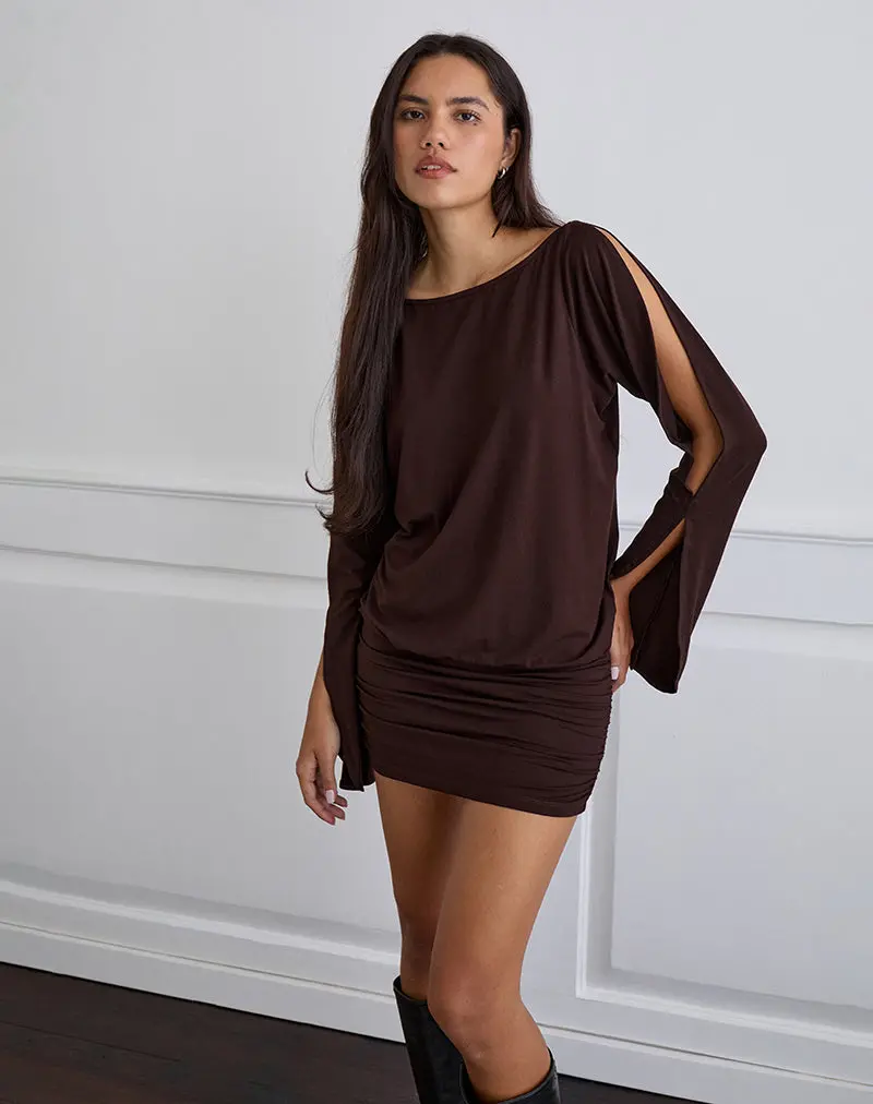 Sybe Long Sleeve Mini Dress In Bitter Chocolate 1