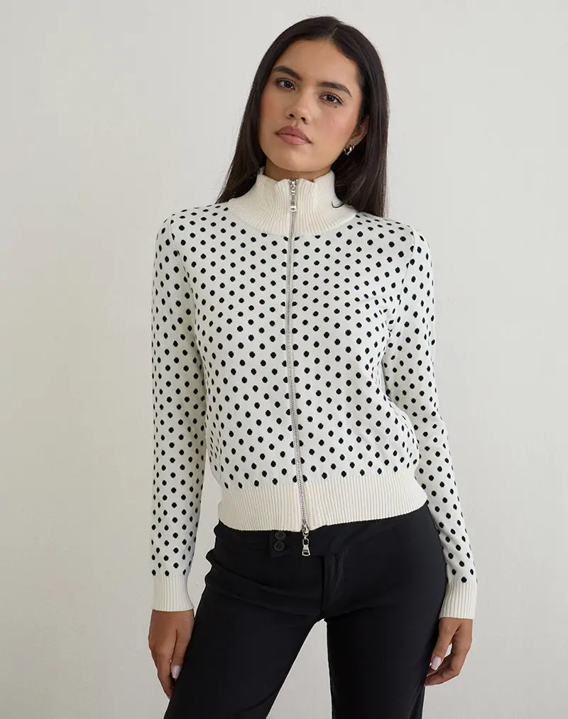 Talisa Zip Through Knit Jacket In Tiny Polka Ivory 1