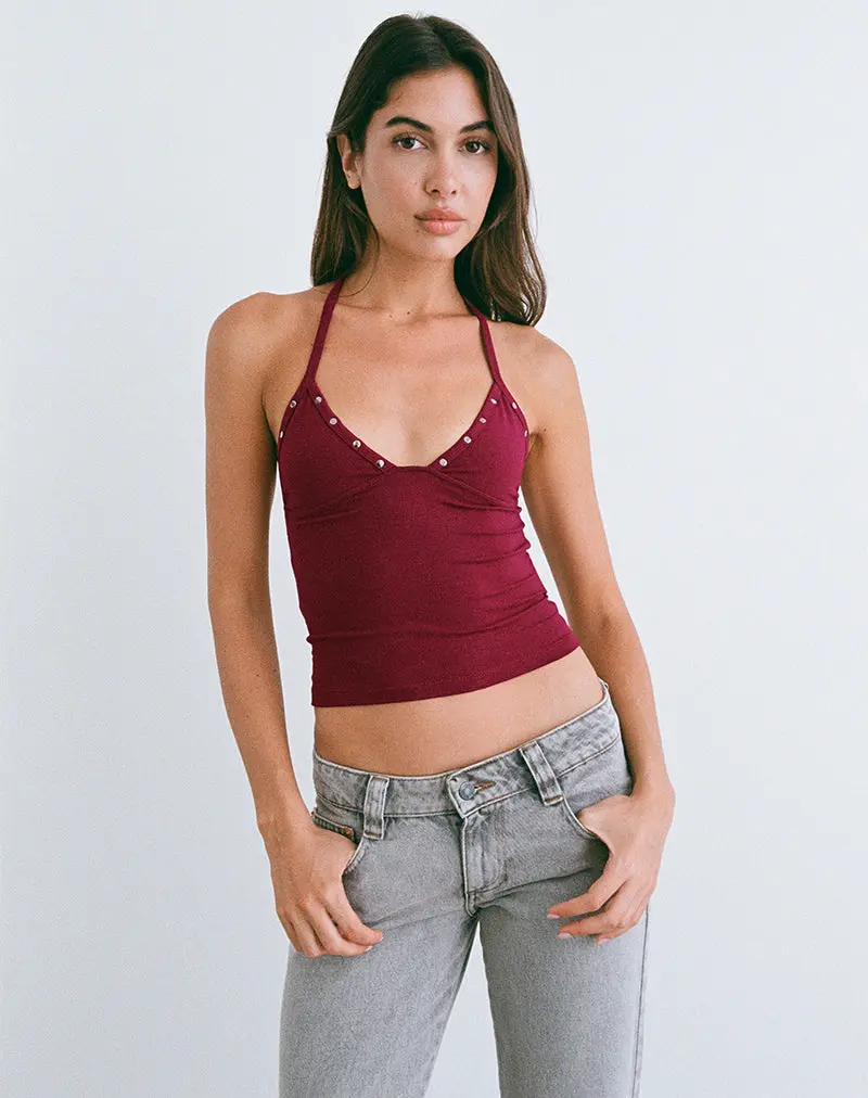 Thorin Studded Top In Rayon Burgundy 1