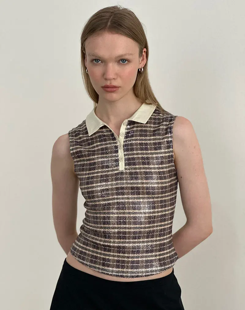 Tisuka Polo Top In Sequin Vintage Check Brown 1
