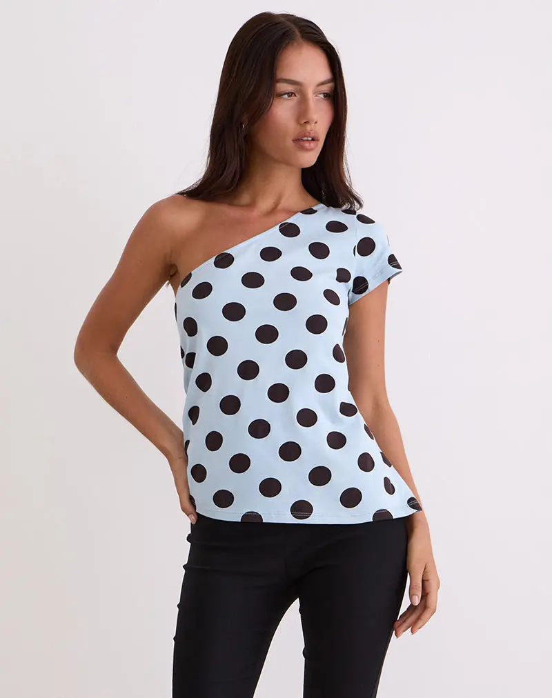 Tokiwa Asymmetric Shoulder Tee In Big Polka Blue Brown 1