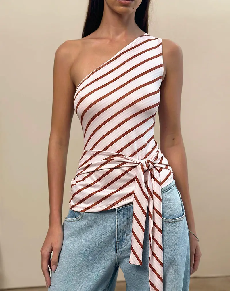 Uberta Asymmetric One Shoulder Tie Top In Diagonal Stripe Pink 1