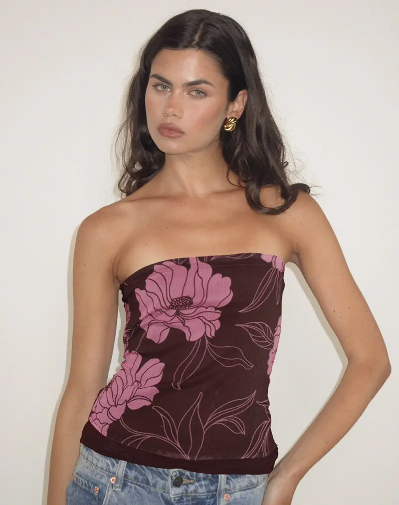Varsha Bandeau Top In Flare Floral Pink Brown 1