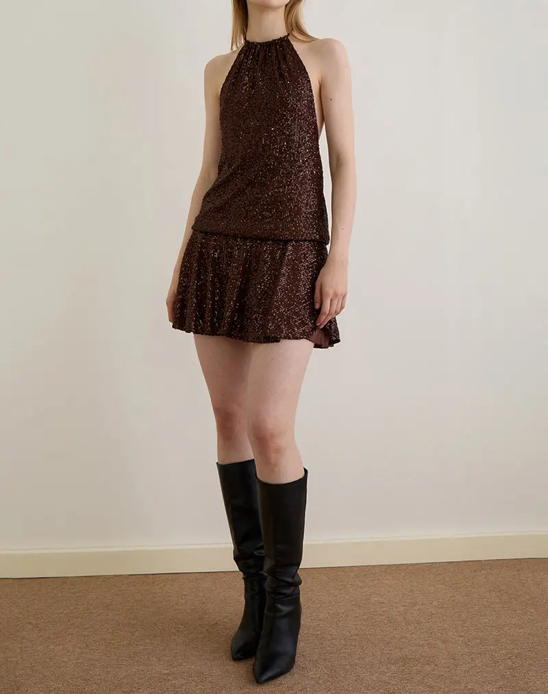 Veloria Mini Dress In Drape Sequin Brown 1