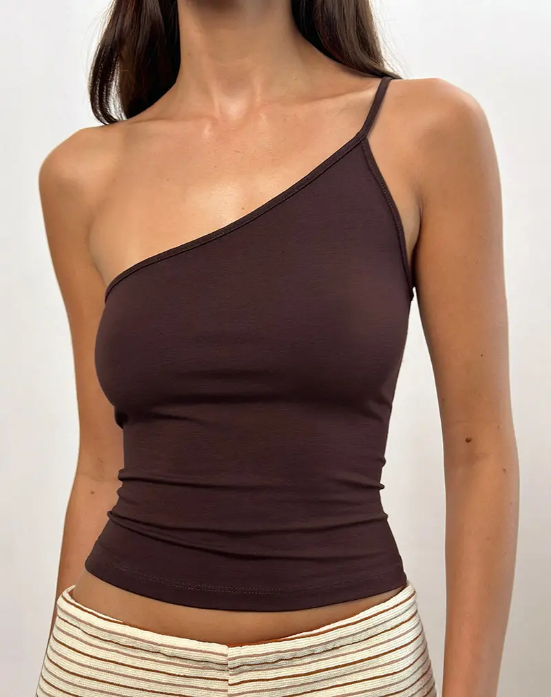 Vey One Shoulder Basic Top In Bitter Chocolate 1