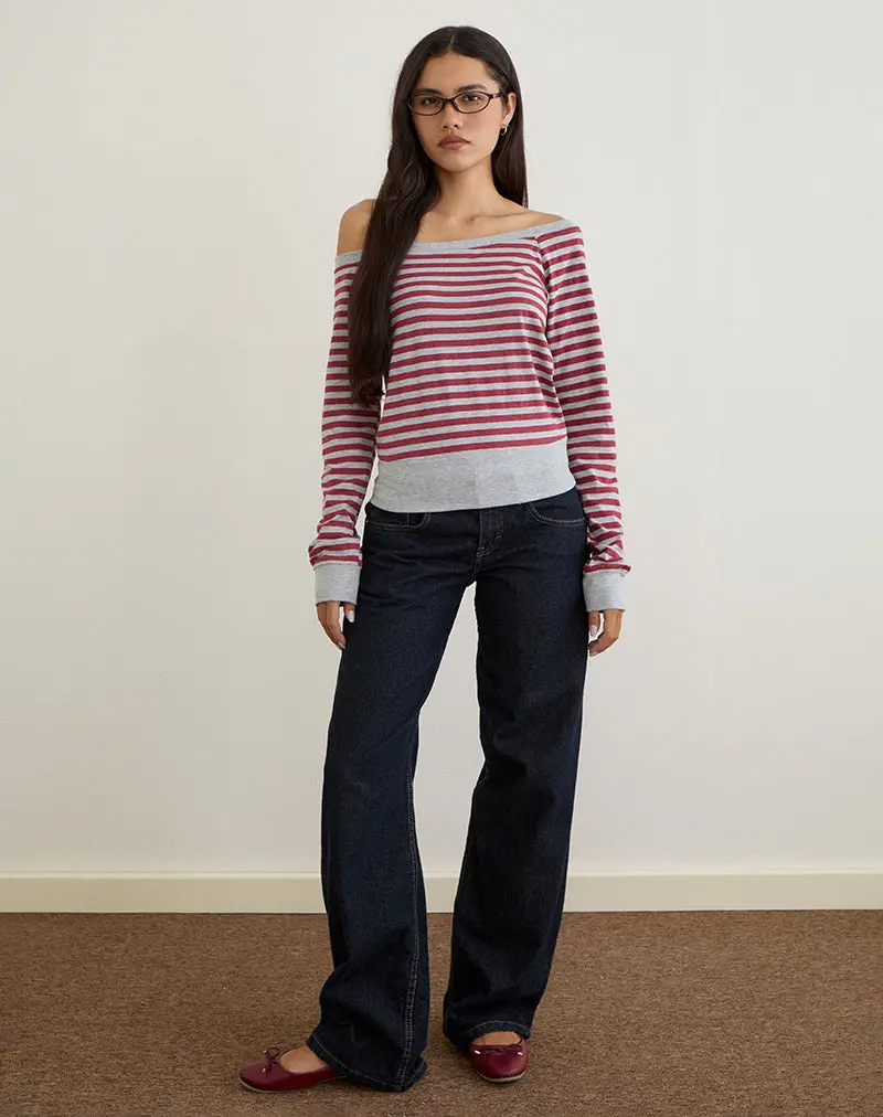 Yacin Slouchy Top In Grey And Burgundy Stripe 1