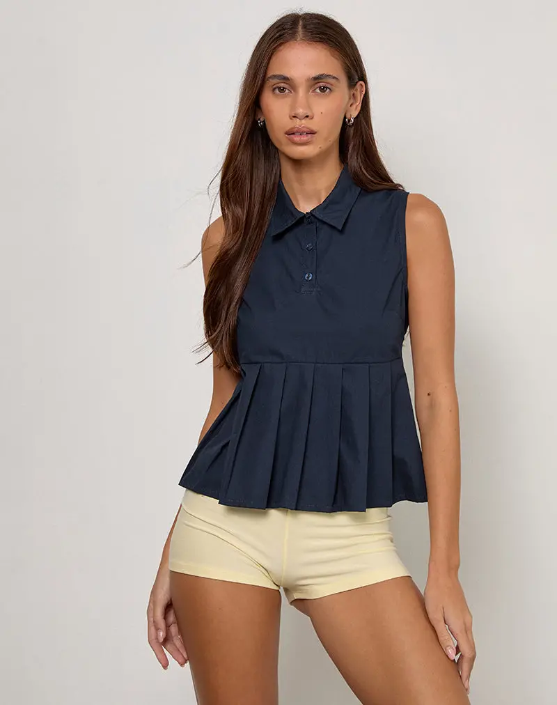 Yaden Pleat Polo Shirt In Poplin Dark Navy 1