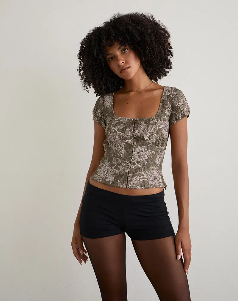 Yakova Blouse In Woven Floral Green 1