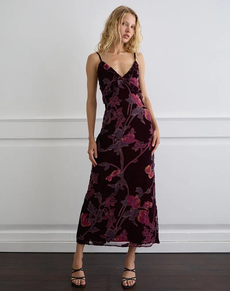 Yamira Maxi Dress In Floral Devore Burgundy 1