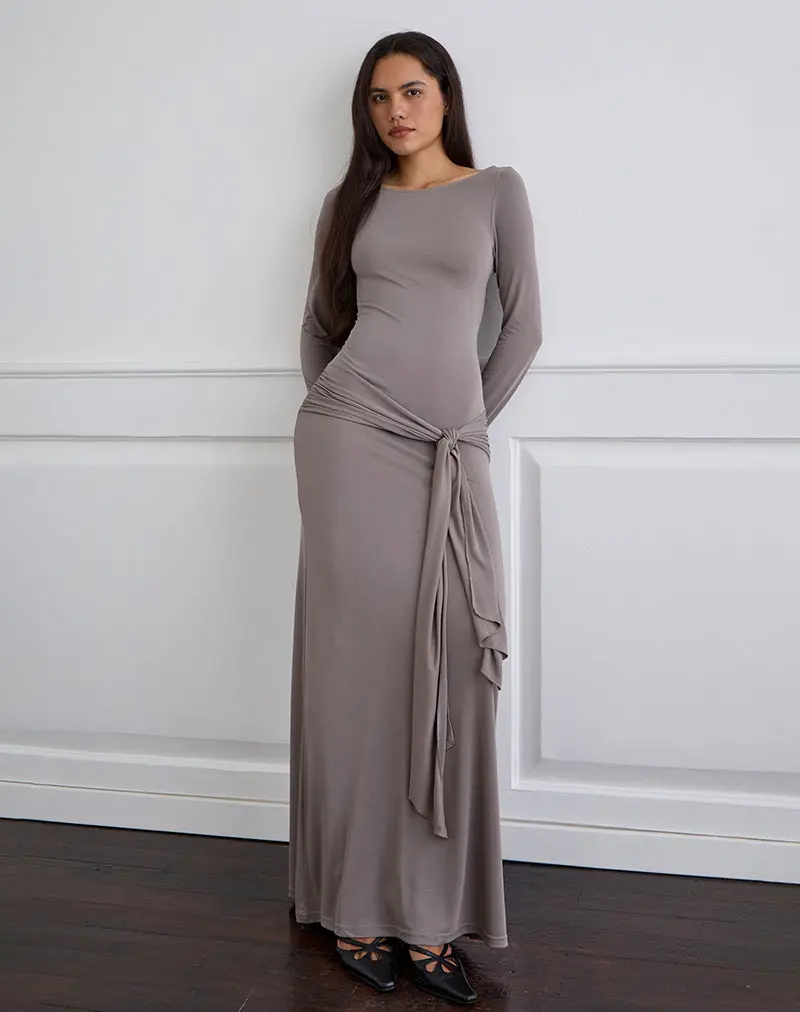 Zeya Maxi Dress In Cupro Taupe Grey 1