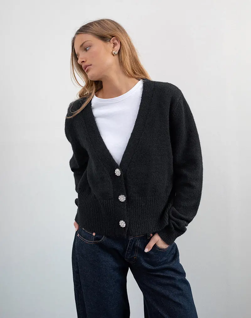 Acera Knitted Cardigan In Black With Silver Flower Buttons 1