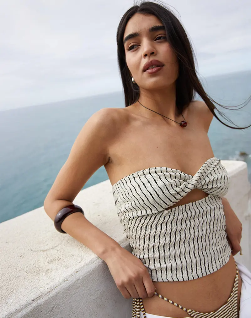 Aghony Bandeau Top In Stripe Textured Mesh Beige 1