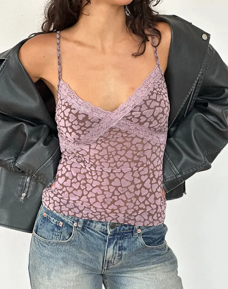 Alcesta Top In Brown Flock Mesh With Pink Heart Print 1