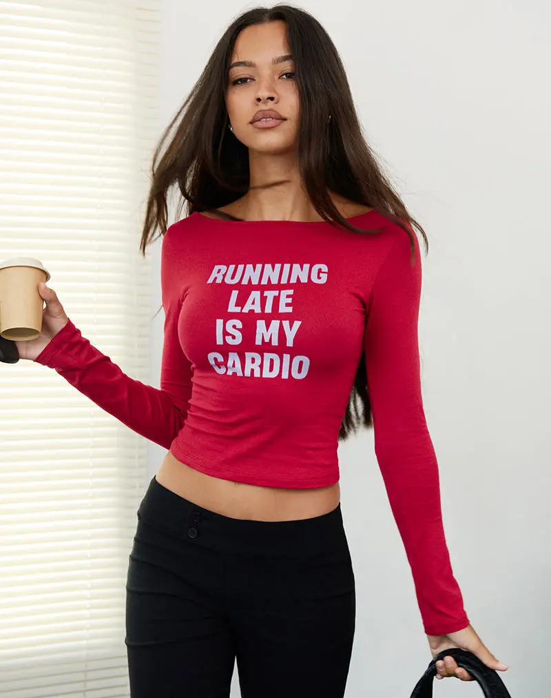 Amabon Long Sleeve Top In Adrenaline Red With Running Late Slogan 1