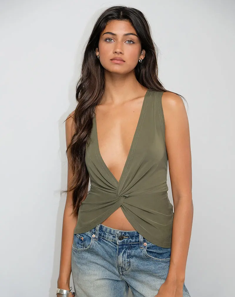 Arlys Twist Detail Top In Cupro Khaki 1