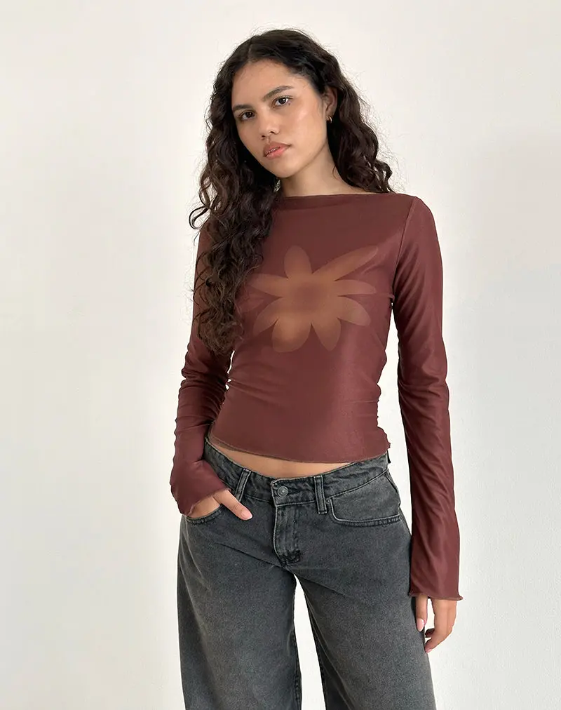 Armali Long Sleeve Top In Mesh Tonal Flower Brown 1