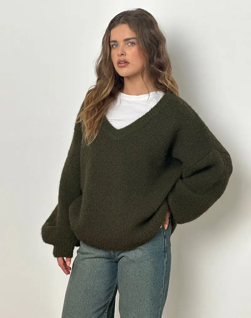 Asato Chunky V Neck Jumper In Brushed Khaki 1