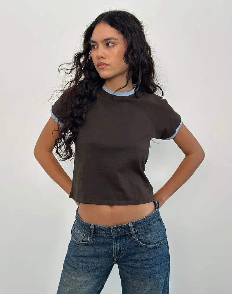 Atenga Tee In Chocolate Brown With Light Blue Binding 1