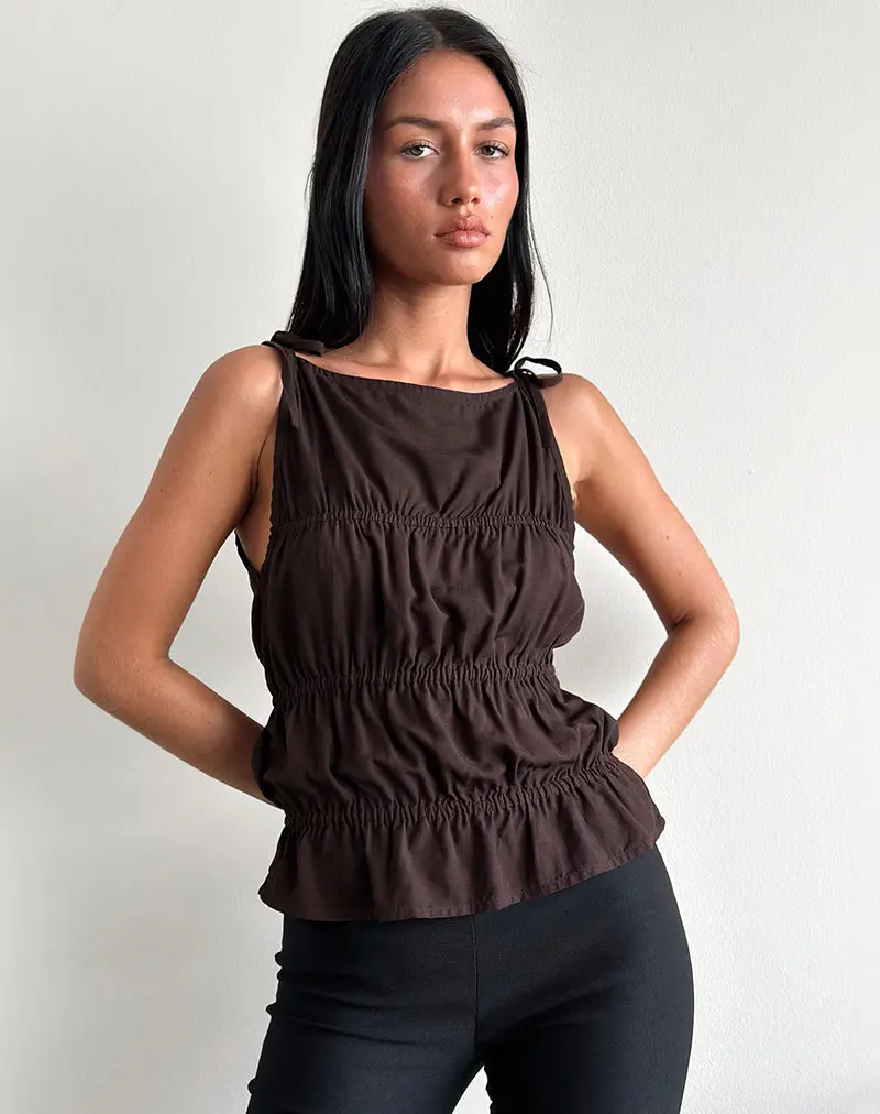 Beck Ruched Tie Strap Top In Bitter Chocolate 1