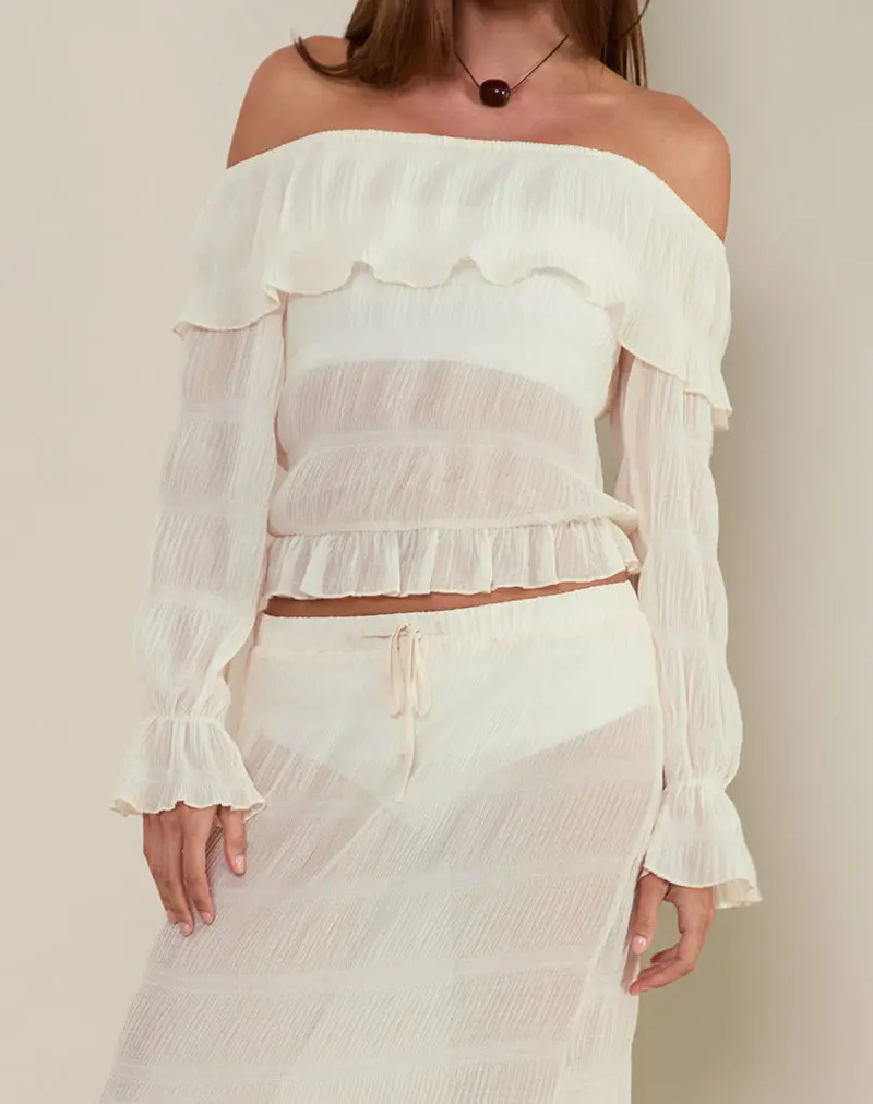 Kalena Long Sleeve Bardot Top In Chiffon Plisse Ivory 1