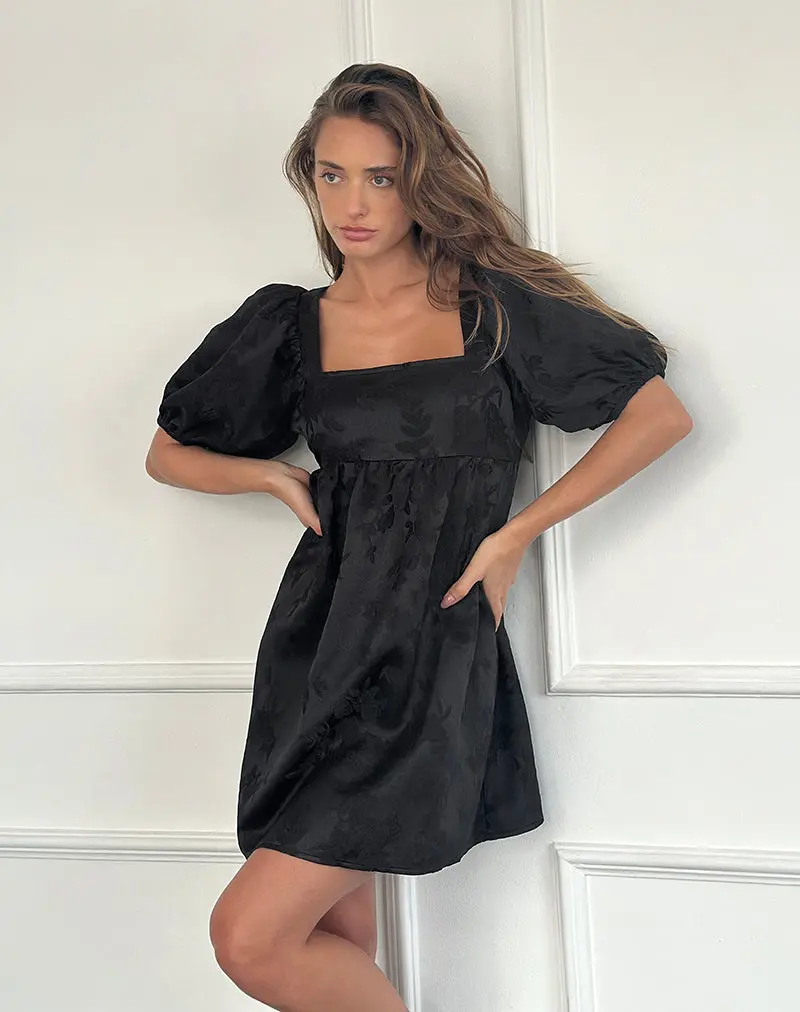 Bimbi Babydoll Mini Dress In Satin Jacquard Black 1