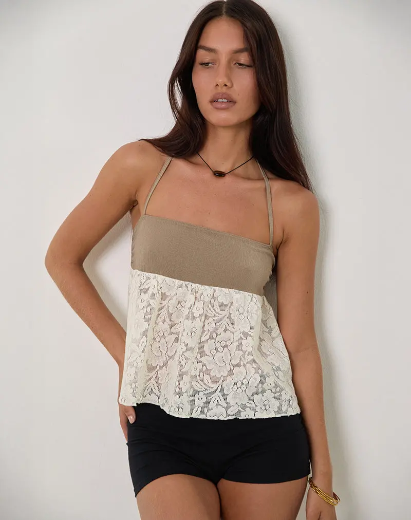 Bironita Halterneck Top In Ivory And Brown Lace Mix 1