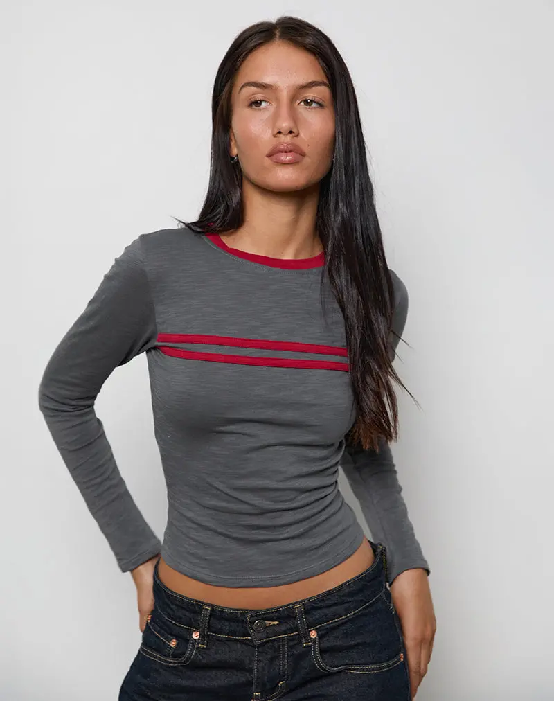 Bonjita Long Sleeve Top In Storm Grey With Adrenaline Red Binding 1