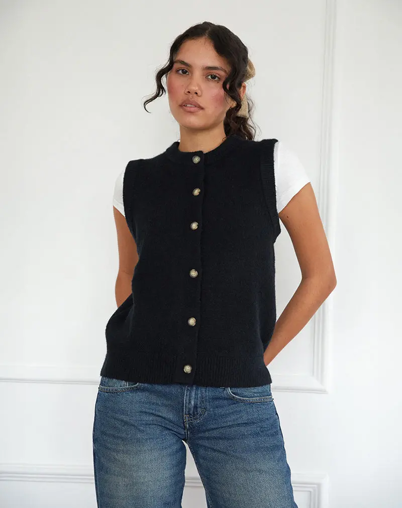 Camira Knitted Button Through Vest In Black 1
