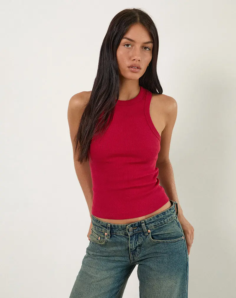 Cariter Racer Vest Top In Ribbed Adrenaline Red 1