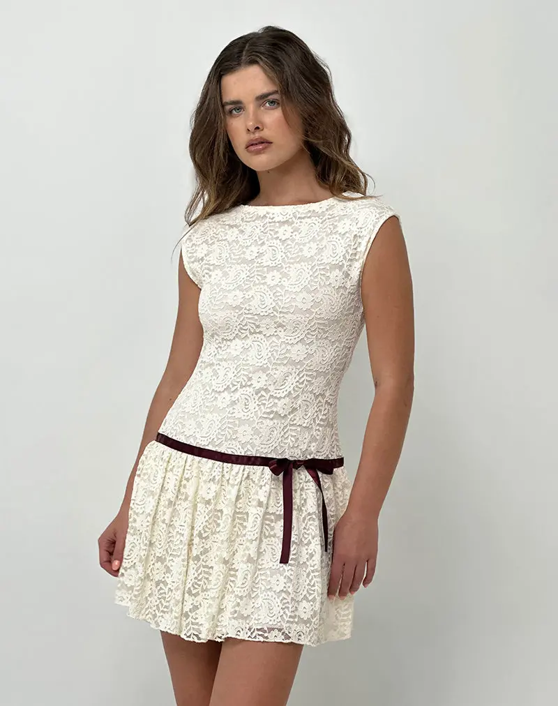 Cersei Mini Dress In Paisely Lace Ivory 1