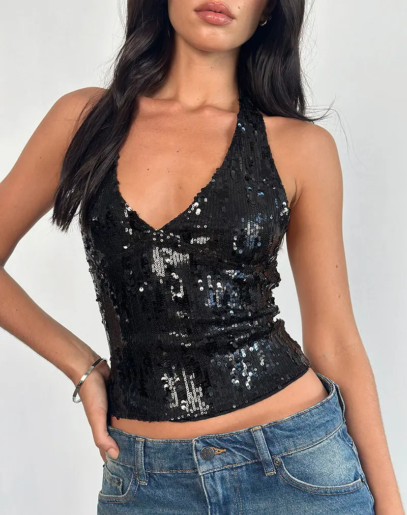 Cosio Halterneck Top In Mix Sequin Black 1